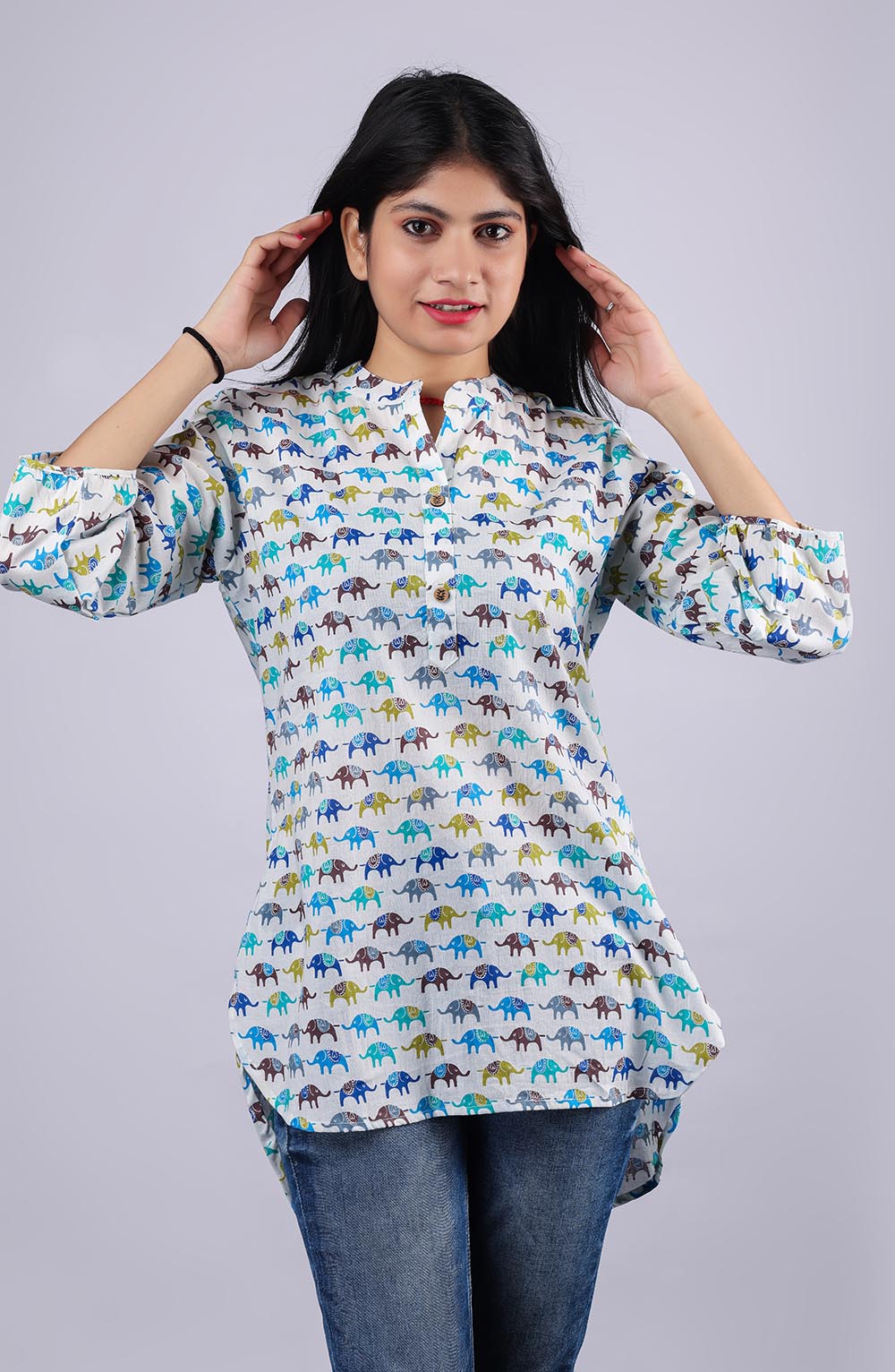 White-Blue Printed Pure Cotton Kurti