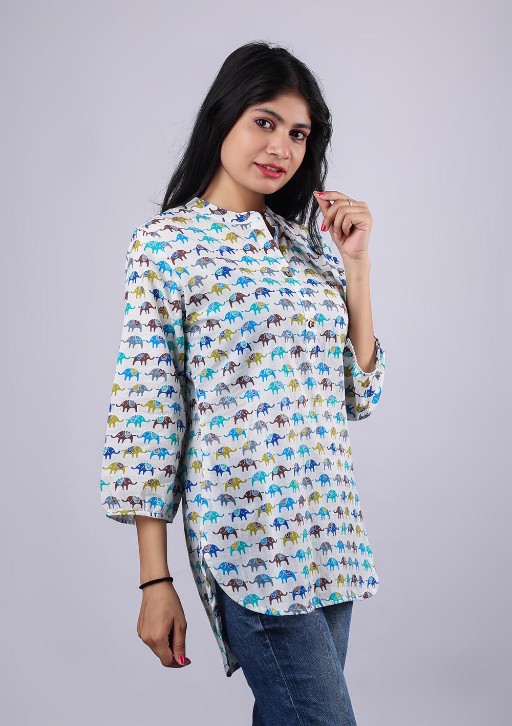 White-Blue Printed Pure Cotton Kurti