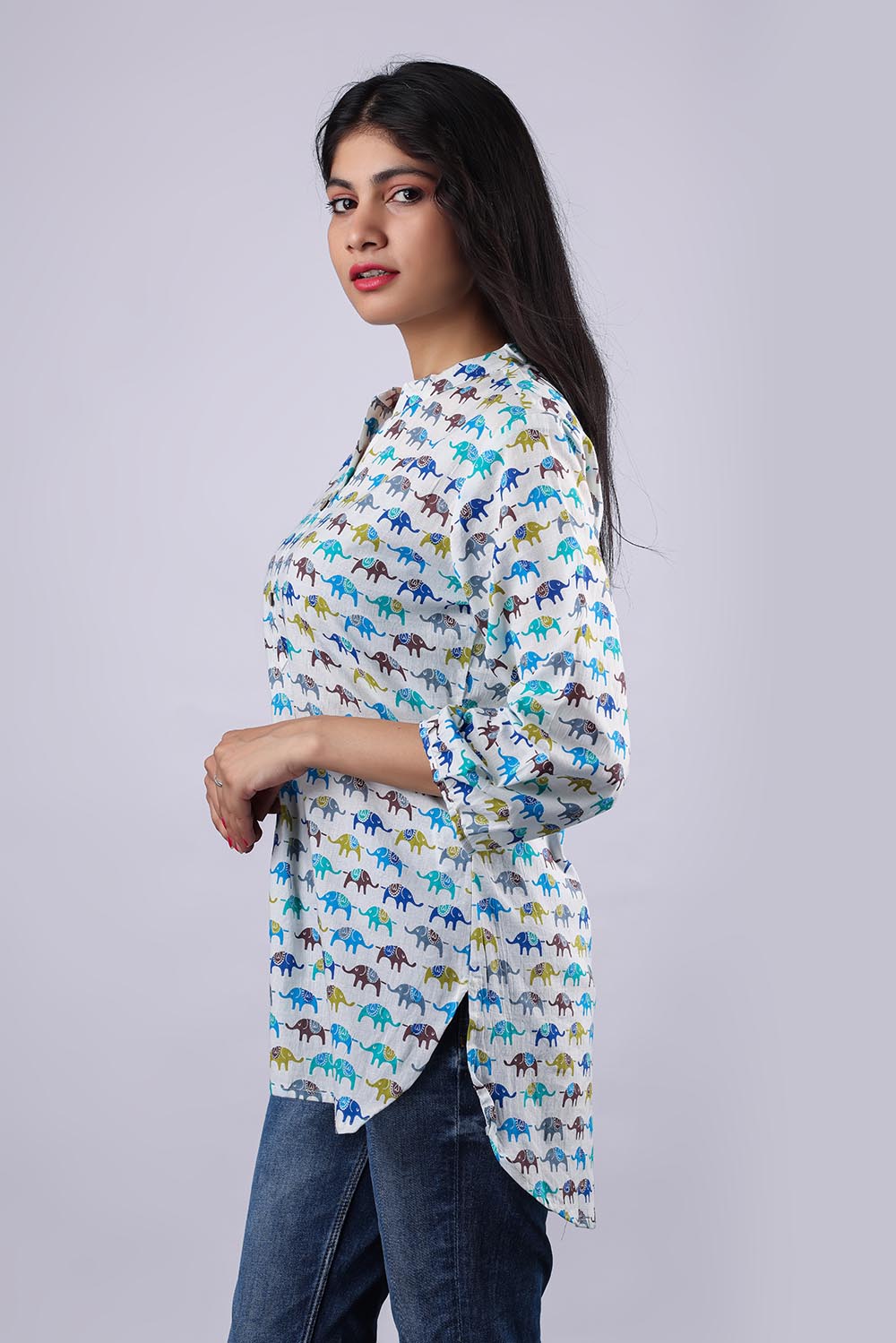 White-Blue Printed Pure Cotton Kurti