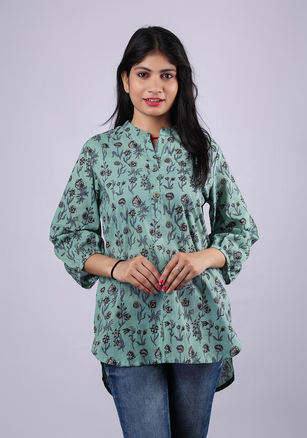 Floral Green Printed Pure Cotton Kurti