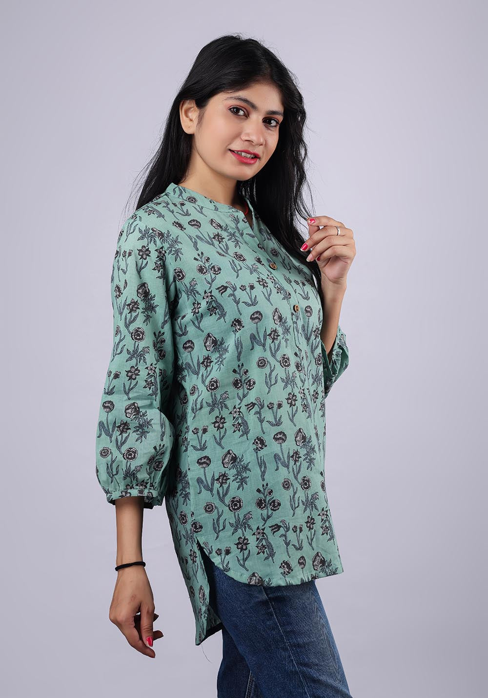 Floral Green Printed Pure Cotton Kurti