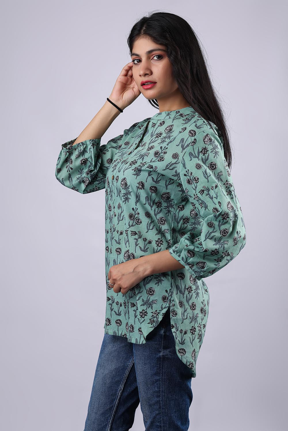 Floral Green Printed Pure Cotton Kurti