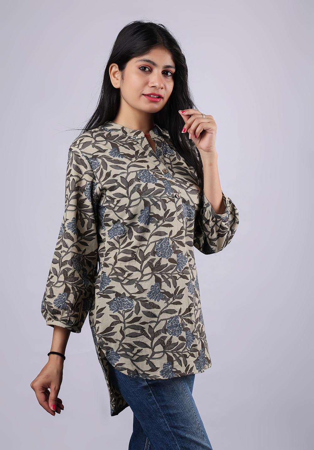 Floral Grey Printed Pure Cotton Kurti