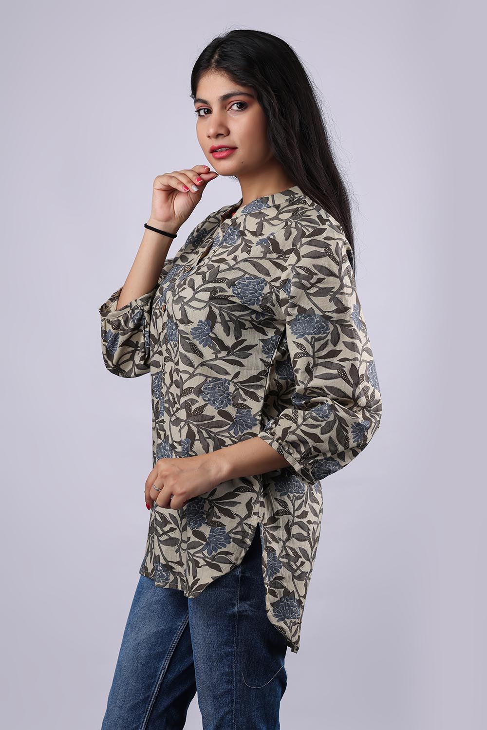 Floral Grey Printed Pure Cotton Kurti