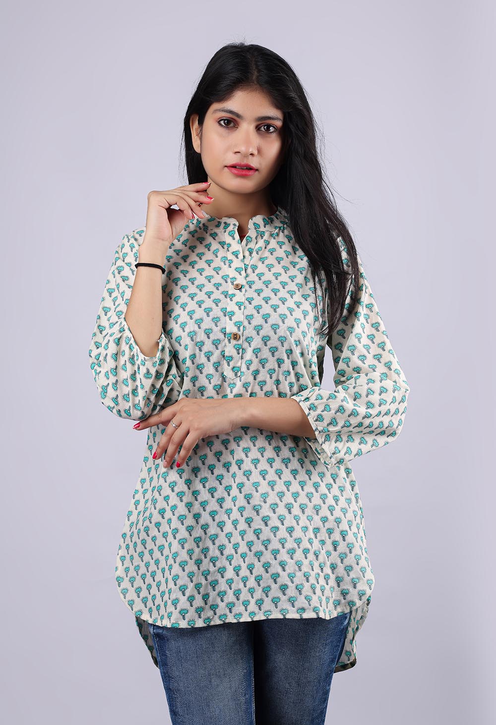 White Printed Flared Sleeves Pure Cotton Kurti