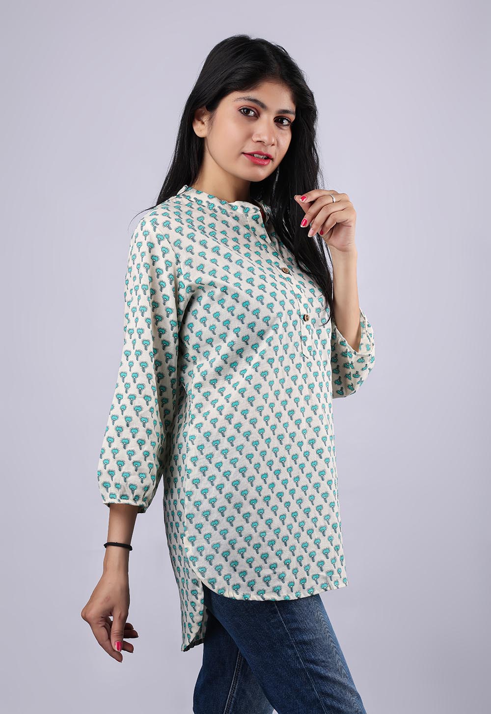 White Printed Flared Sleeves Pure Cotton Kurti