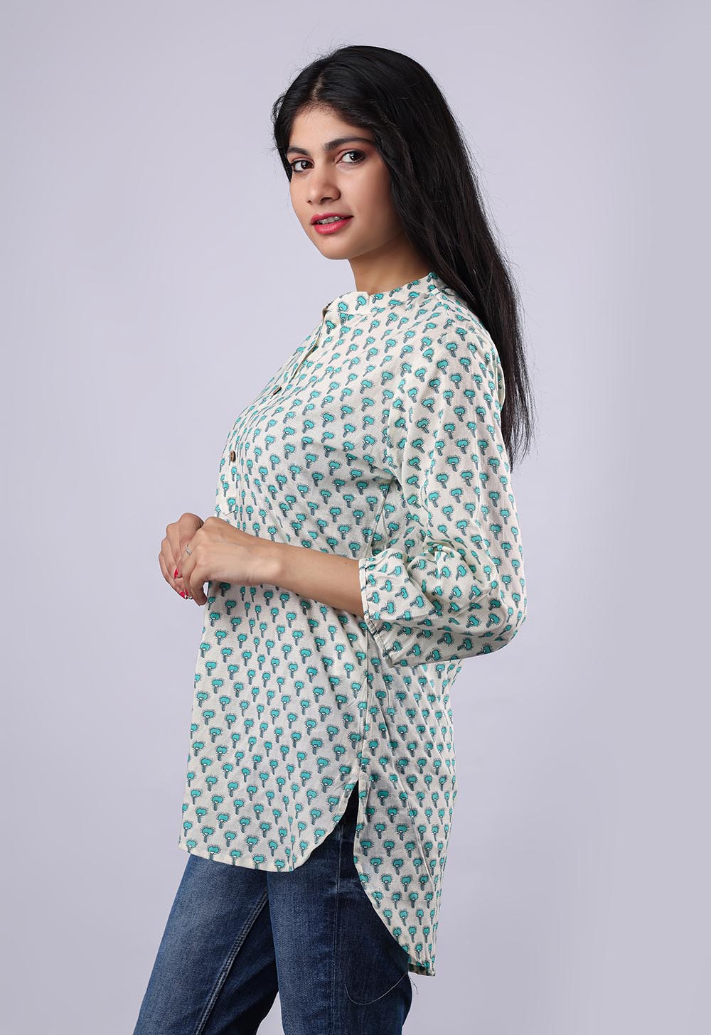 White Printed Flared Sleeves Pure Cotton Kurti