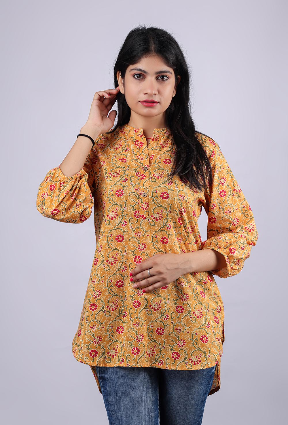 Yellow Printed Pure Cotton Kurti