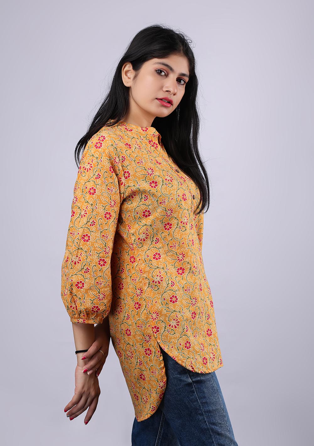 Yellow Printed Pure Cotton Kurti