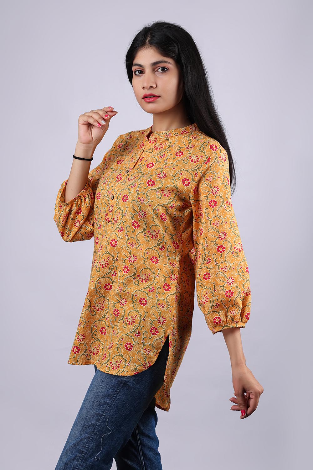 Yellow Printed Pure Cotton Kurti