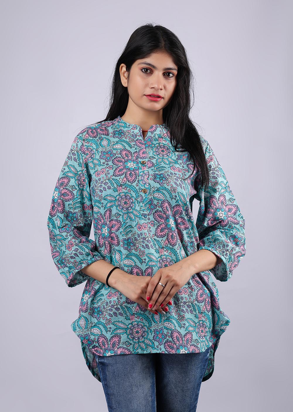 Floral Violet-Pink Printed Pure Cotton Kurti