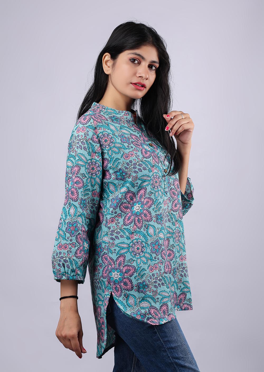 Floral Violet-Pink Printed Pure Cotton Kurti