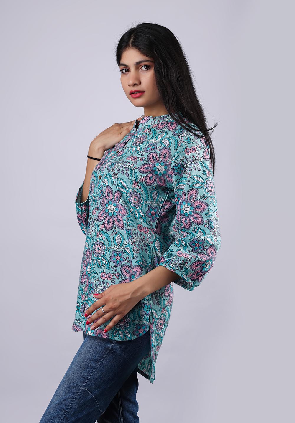 Floral Violet-Pink Printed Pure Cotton Kurti