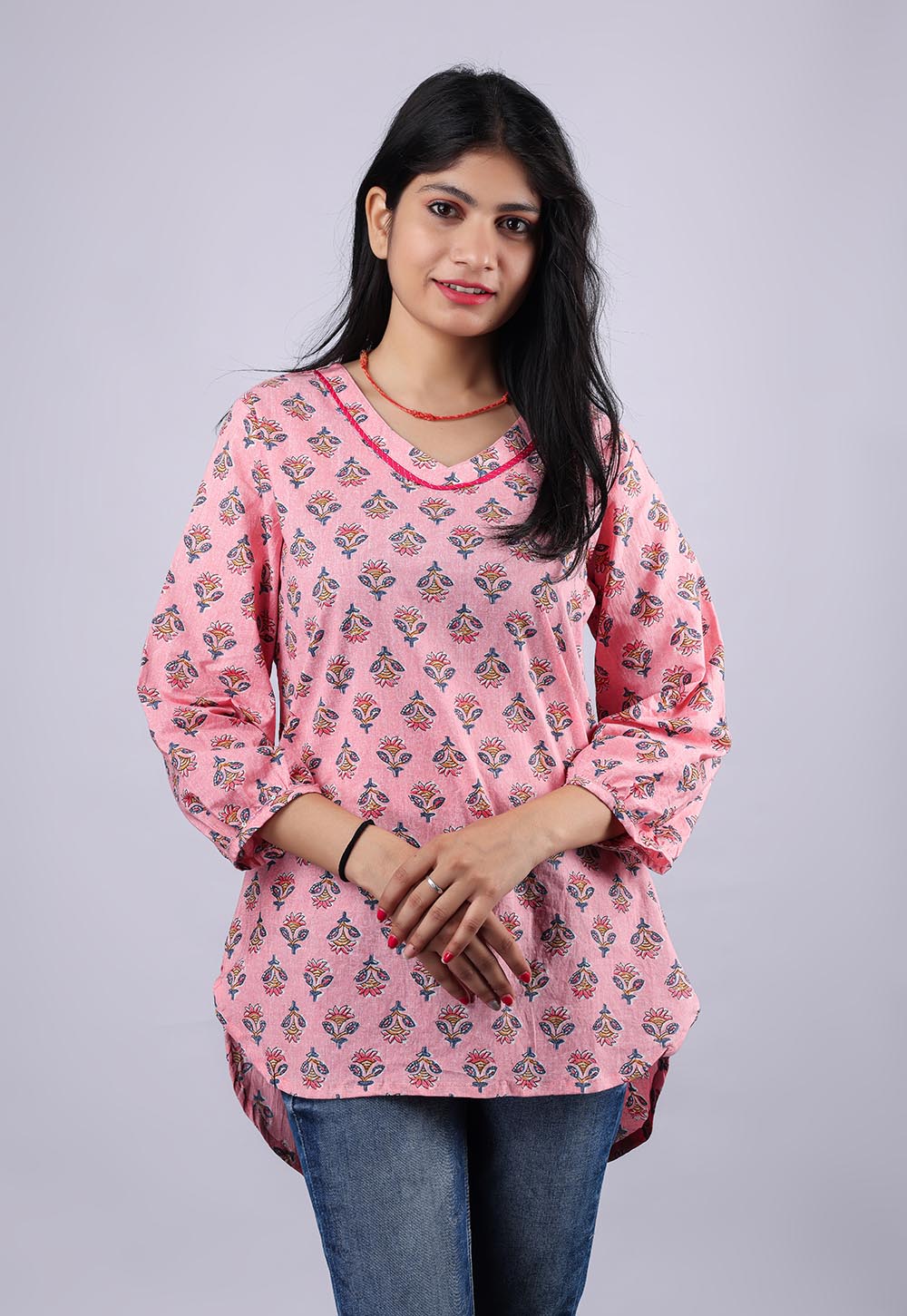 Floral Pink Printed Pure Cotton Kurti