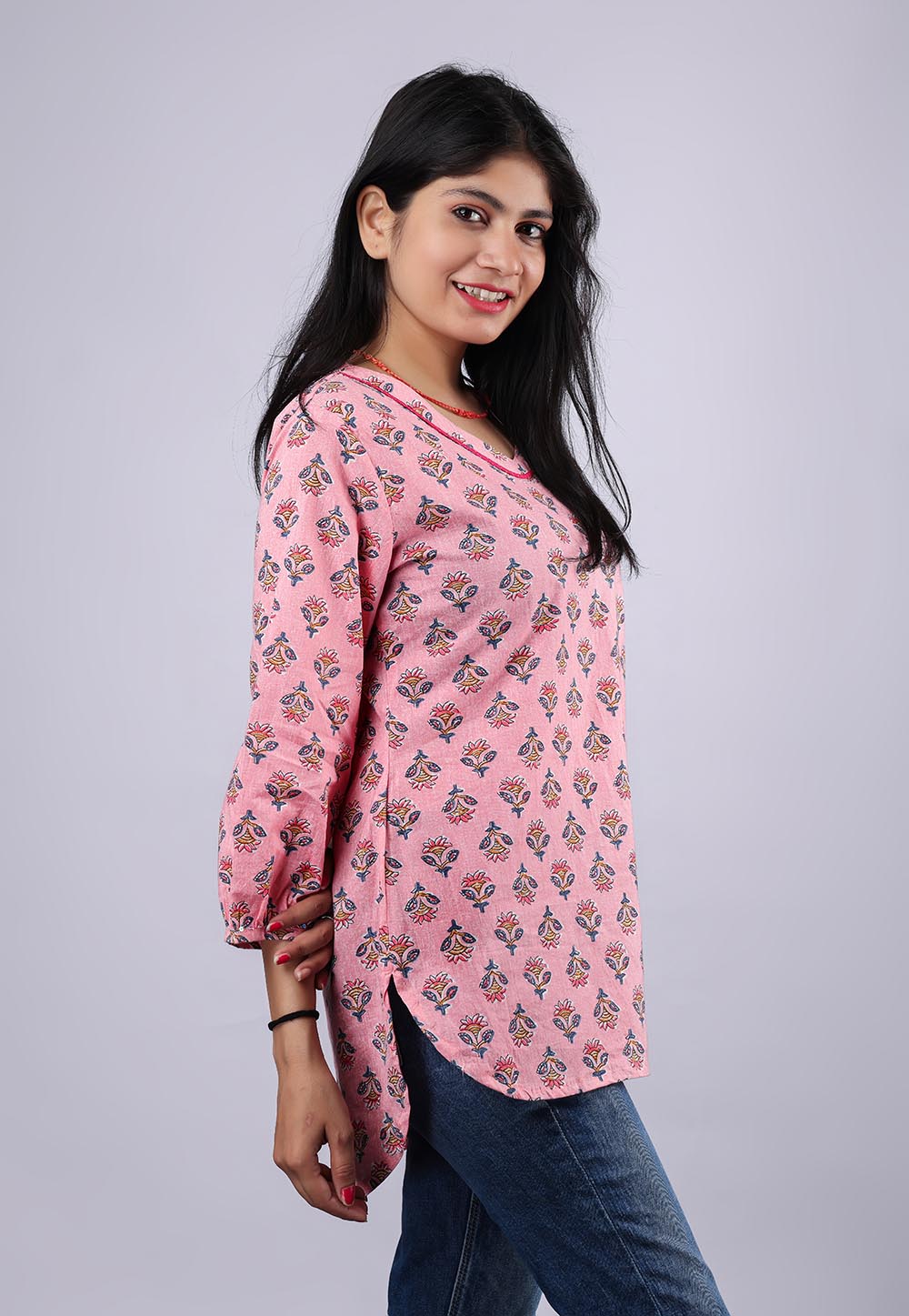 Floral Pink Printed Pure Cotton Kurti