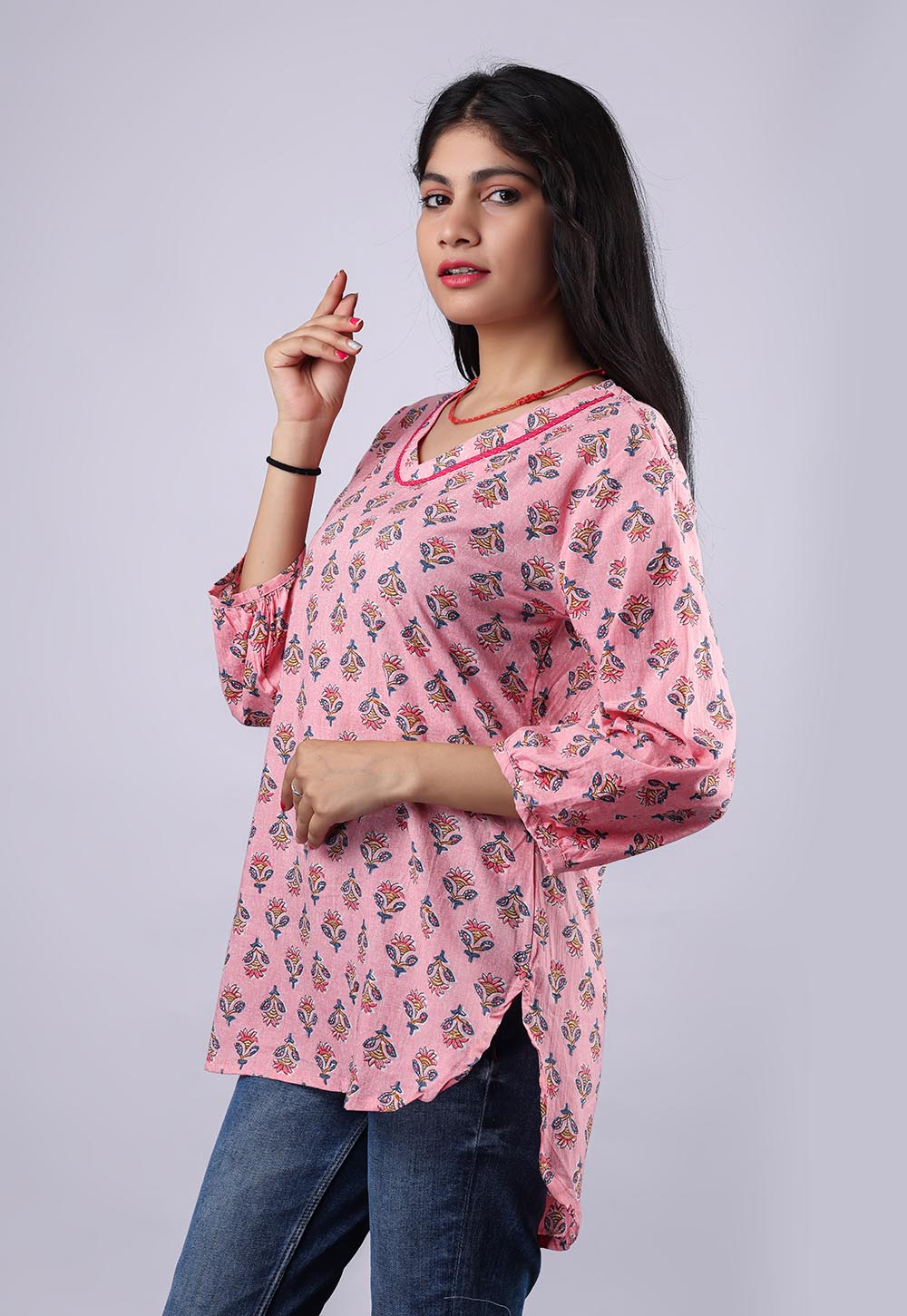 Floral Pink Printed Pure Cotton Kurti