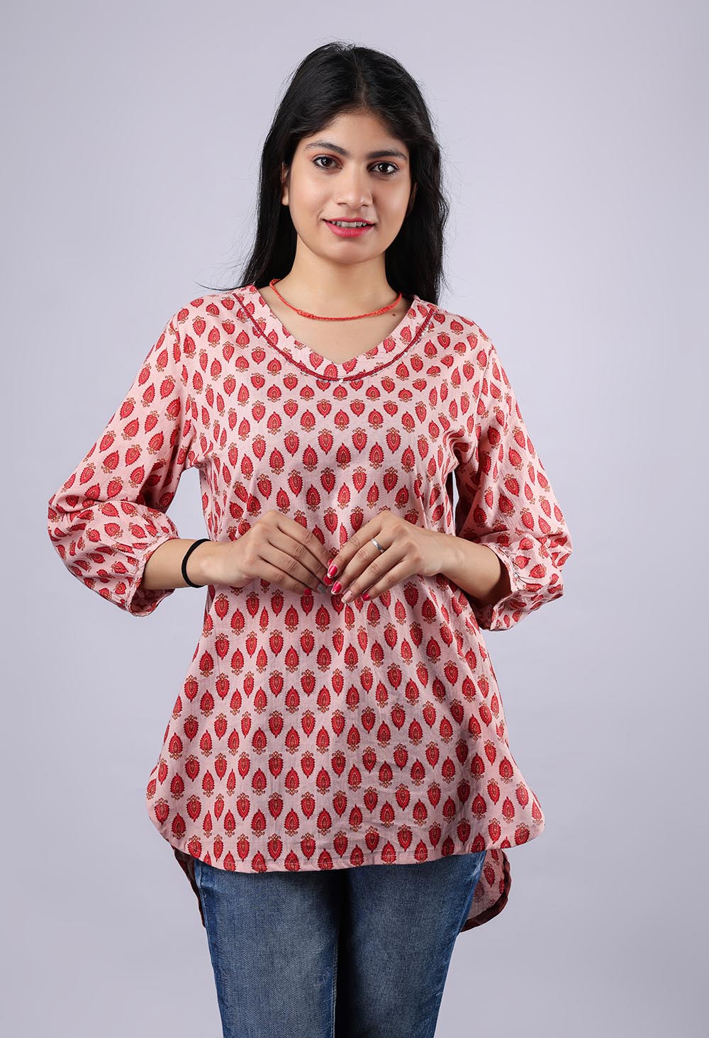 Red-Pink Printed Pure Cotton Kurti