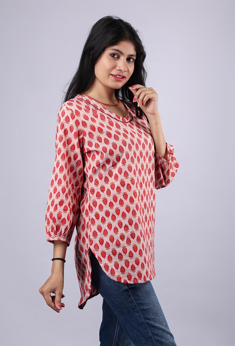 Red-Pink Printed Pure Cotton Kurti