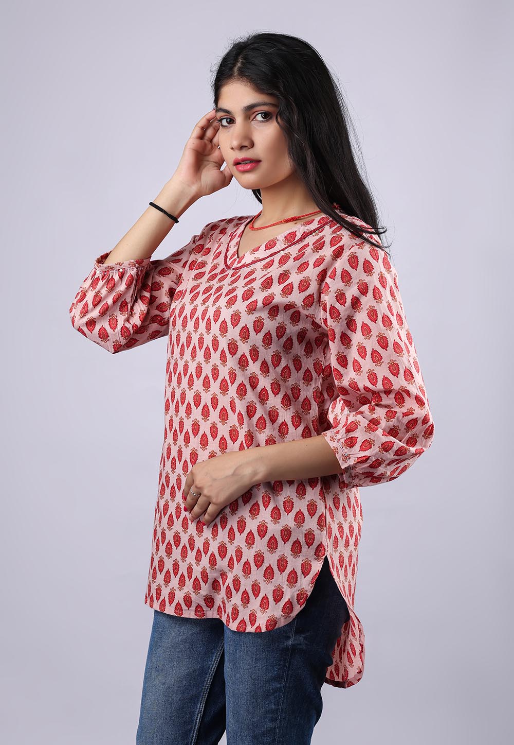 Red-Pink Printed Pure Cotton Kurti