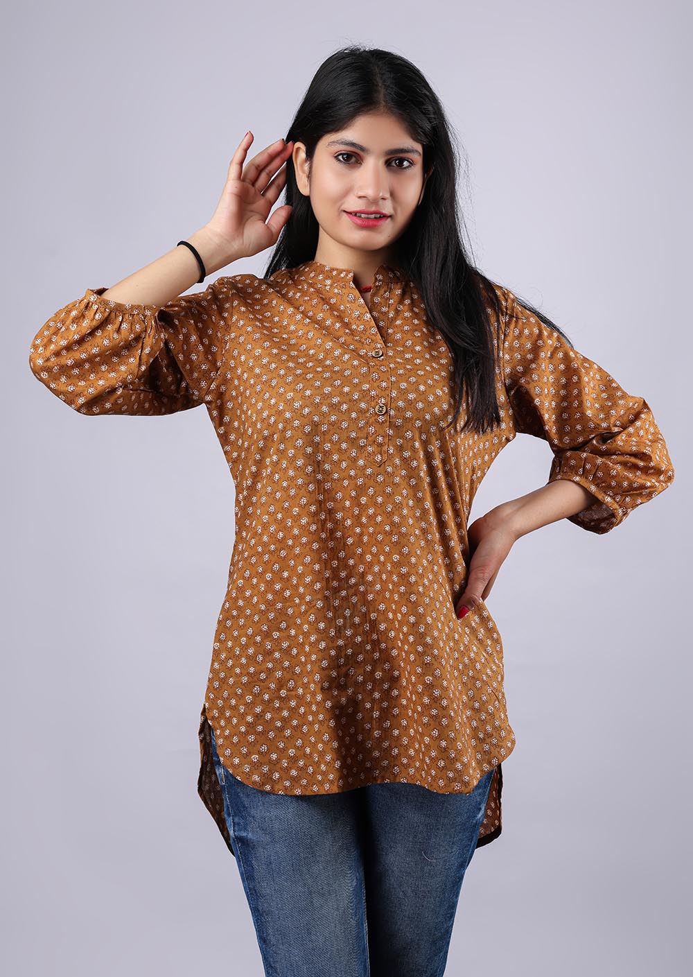 Brown-White Flared Printed Pure Cotton Kurti