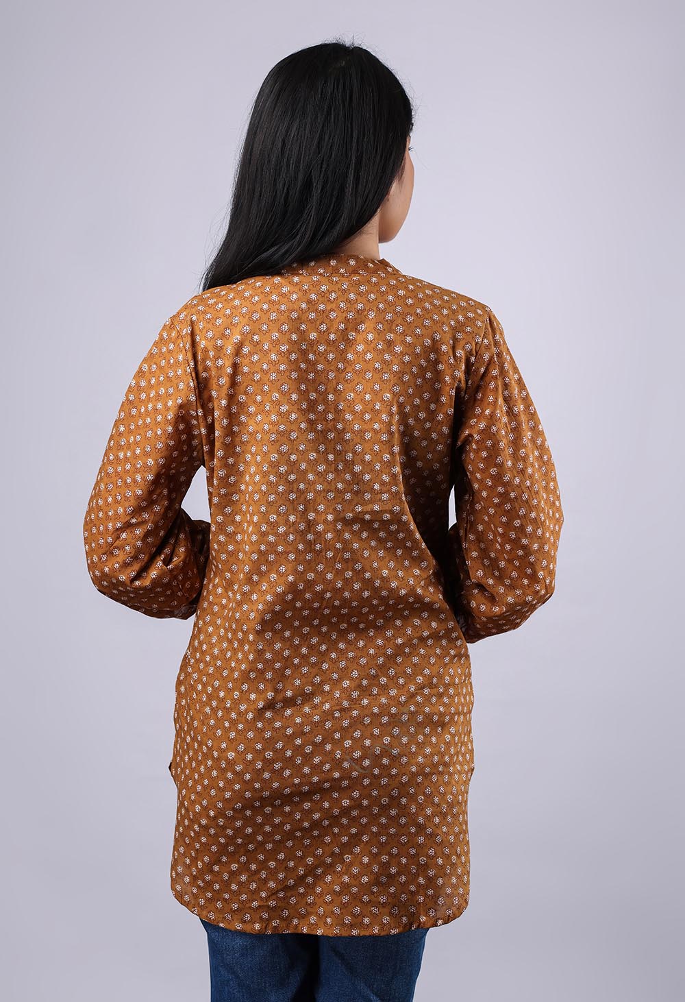 Brown-White Flared Printed Pure Cotton Kurti