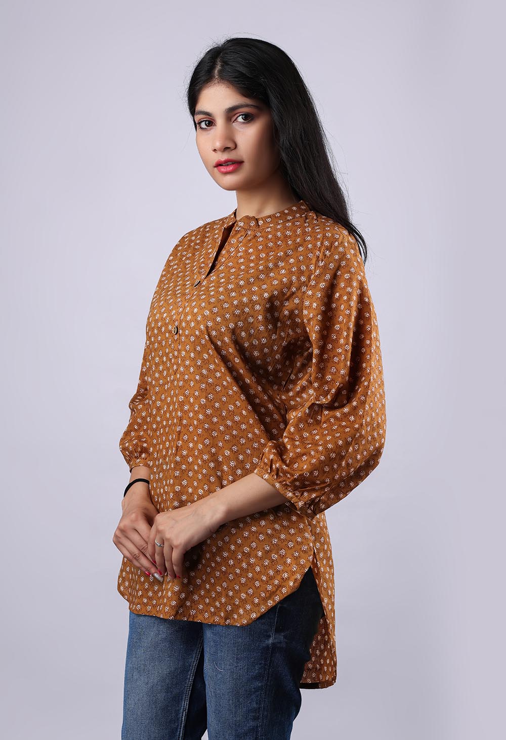 Brown-White Flared Printed Pure Cotton Kurti