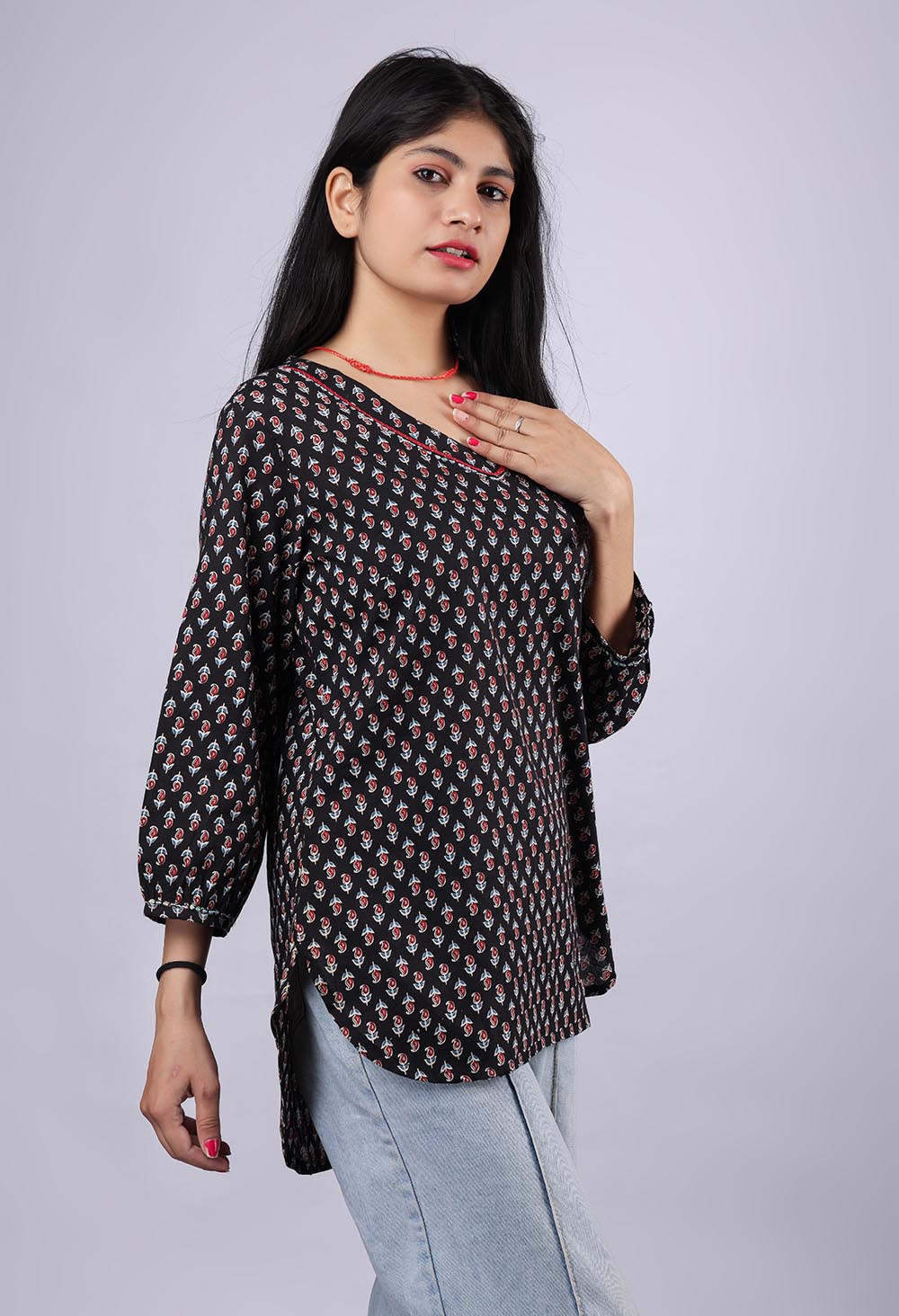 Black Printed Pure Cotton Kurti