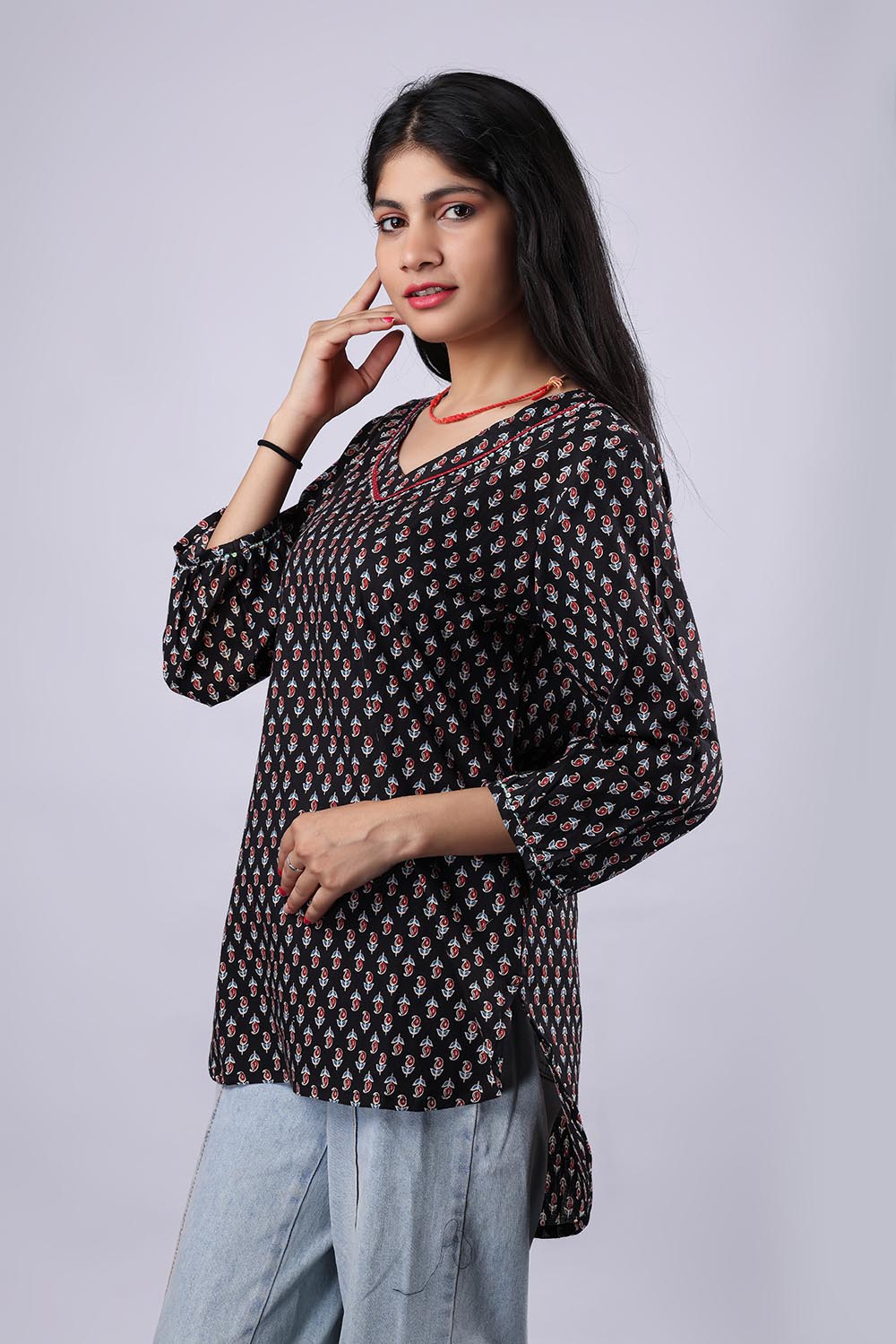 Black Printed Pure Cotton Kurti