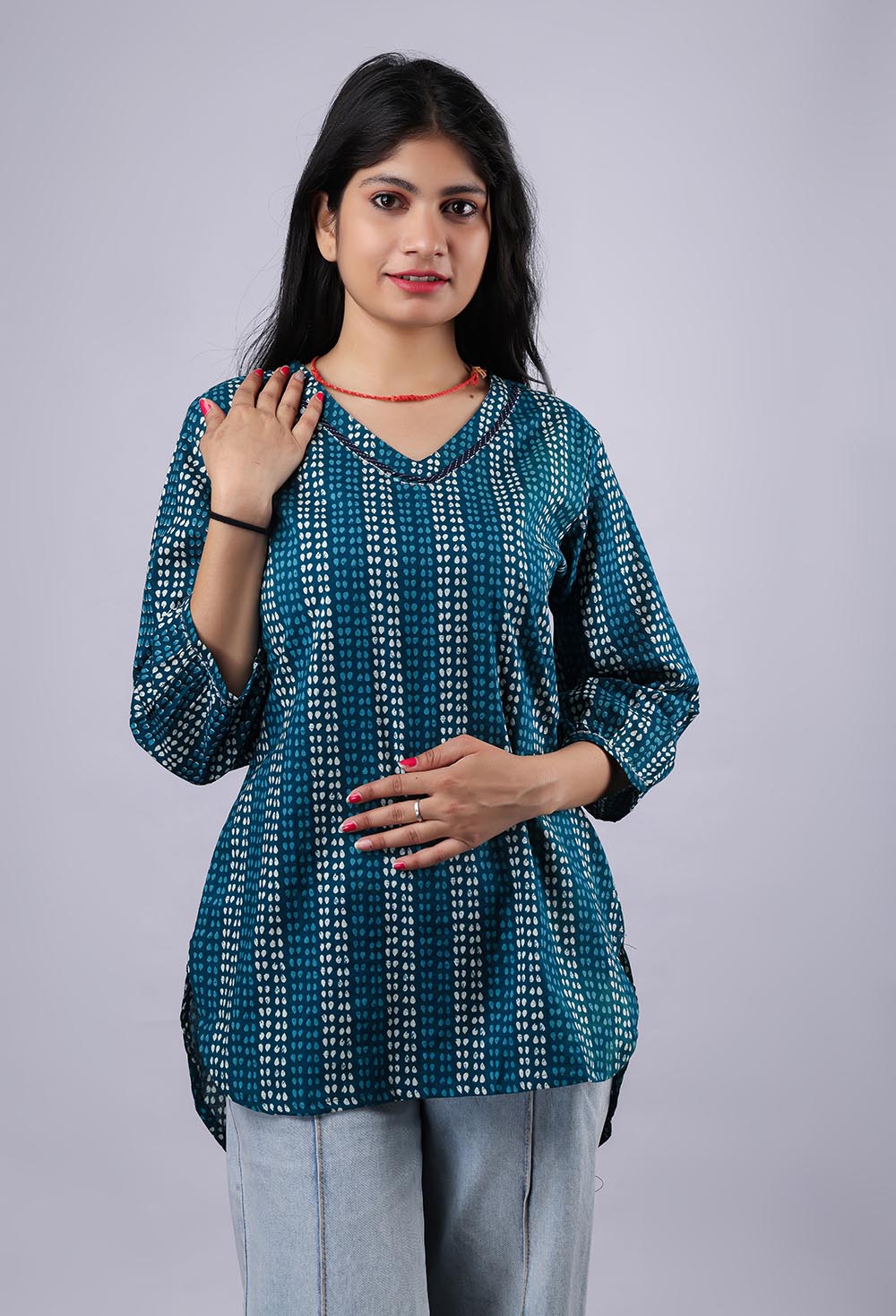 White-Blue Printed Pure Cotton Kurti