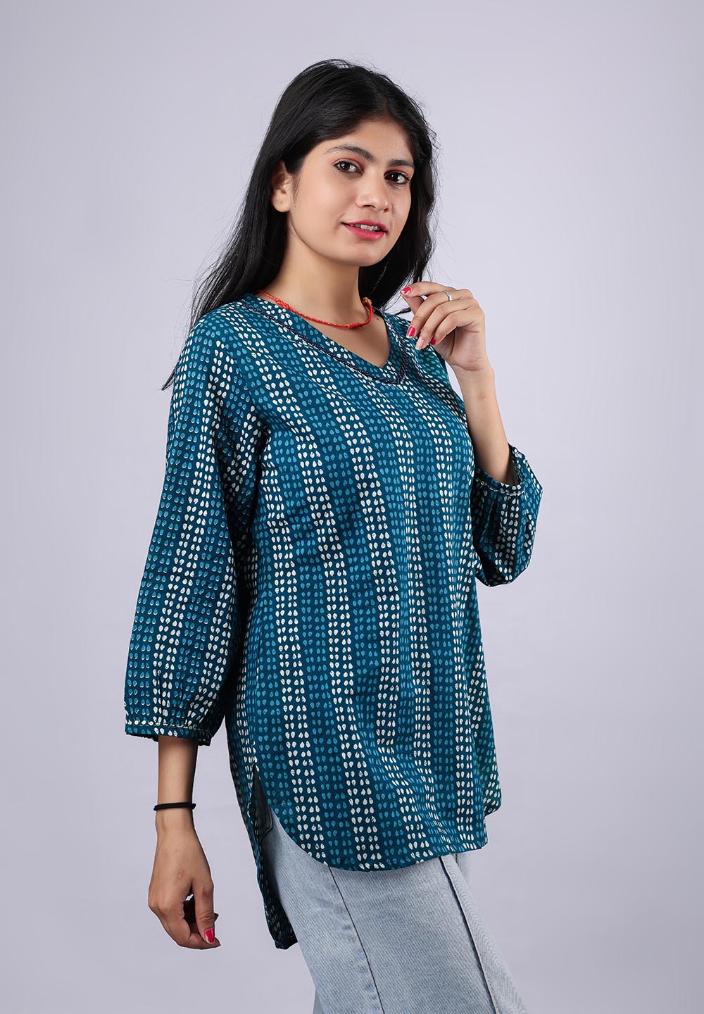 White-Blue Printed Pure Cotton Kurti