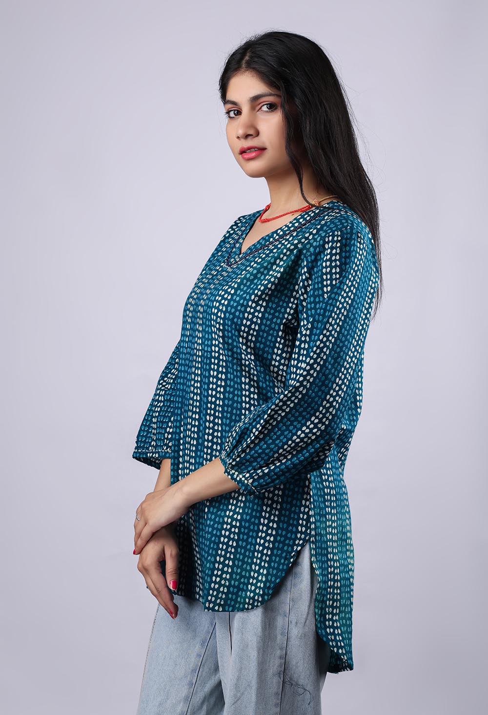 White-Blue Printed Pure Cotton Kurti