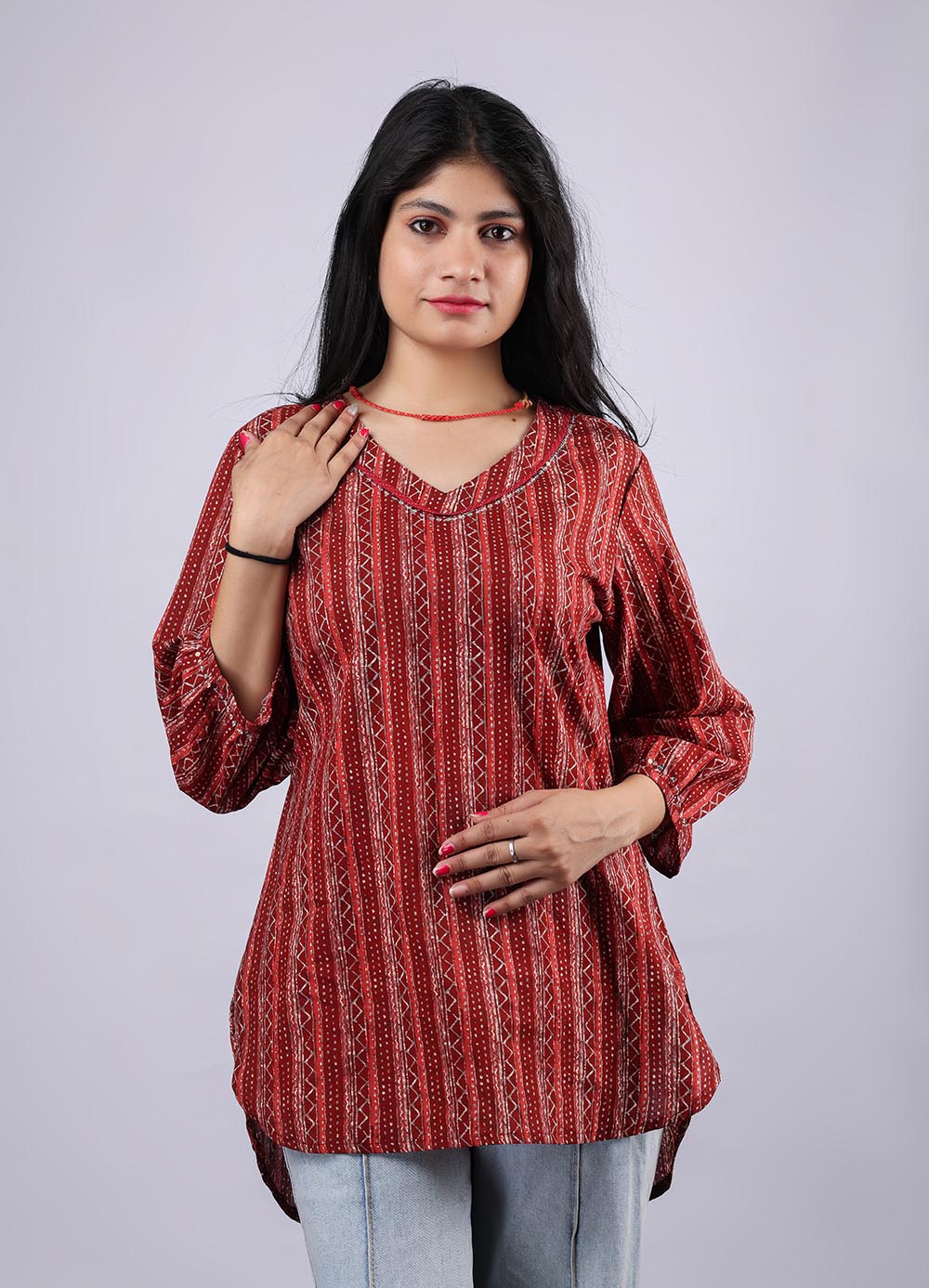 Red-Orange Printed Pure Cotton Kurti