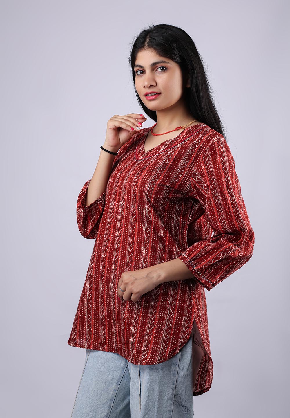 Red-Orange Printed Pure Cotton Kurti