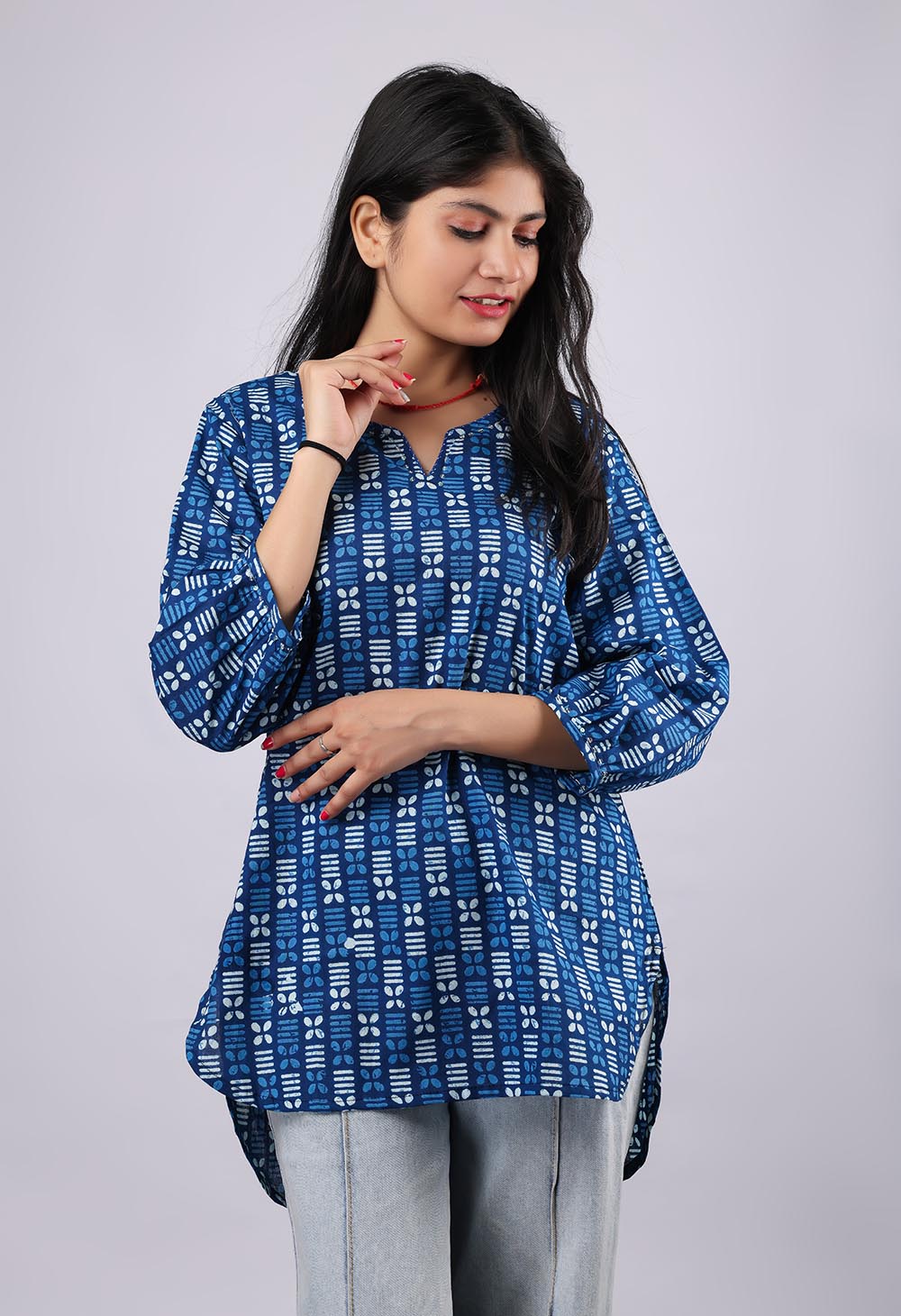 Blue Flared Printed Pure Cotton Kurti