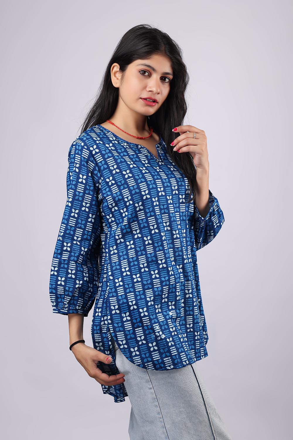 Blue Flared Printed Pure Cotton Kurti