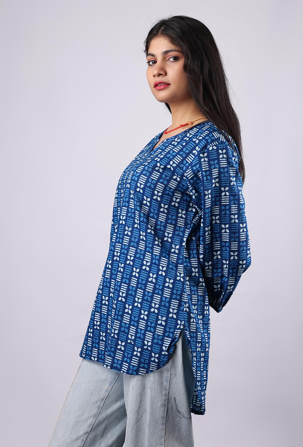 Blue Flared Printed Pure Cotton Kurti