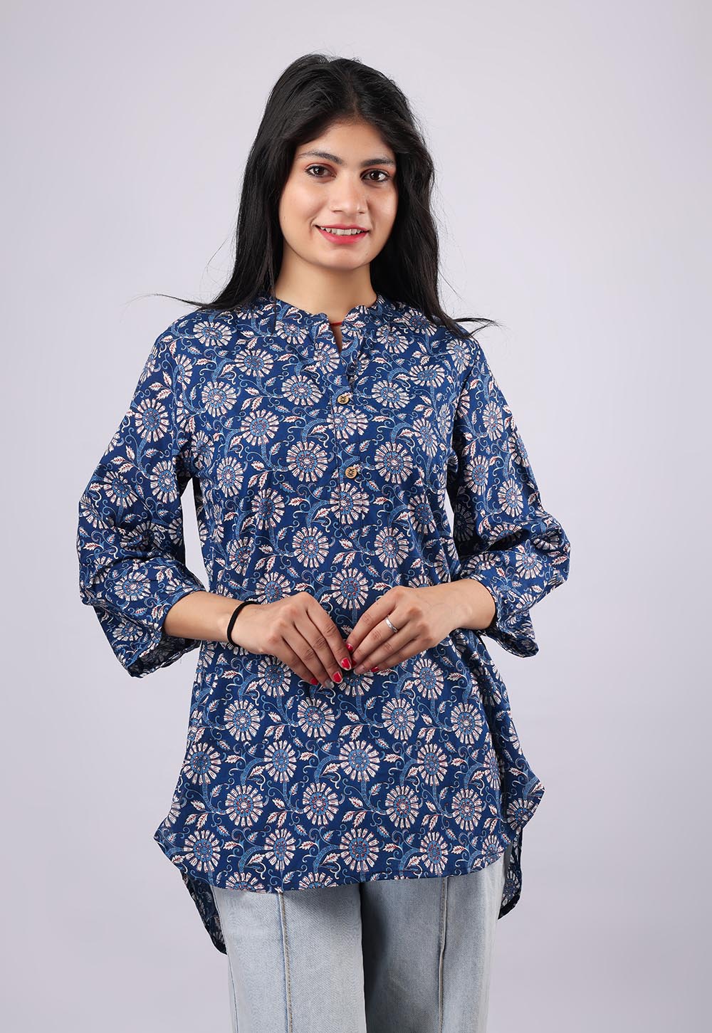 White-Blue Printed Pure Cotton Kurti