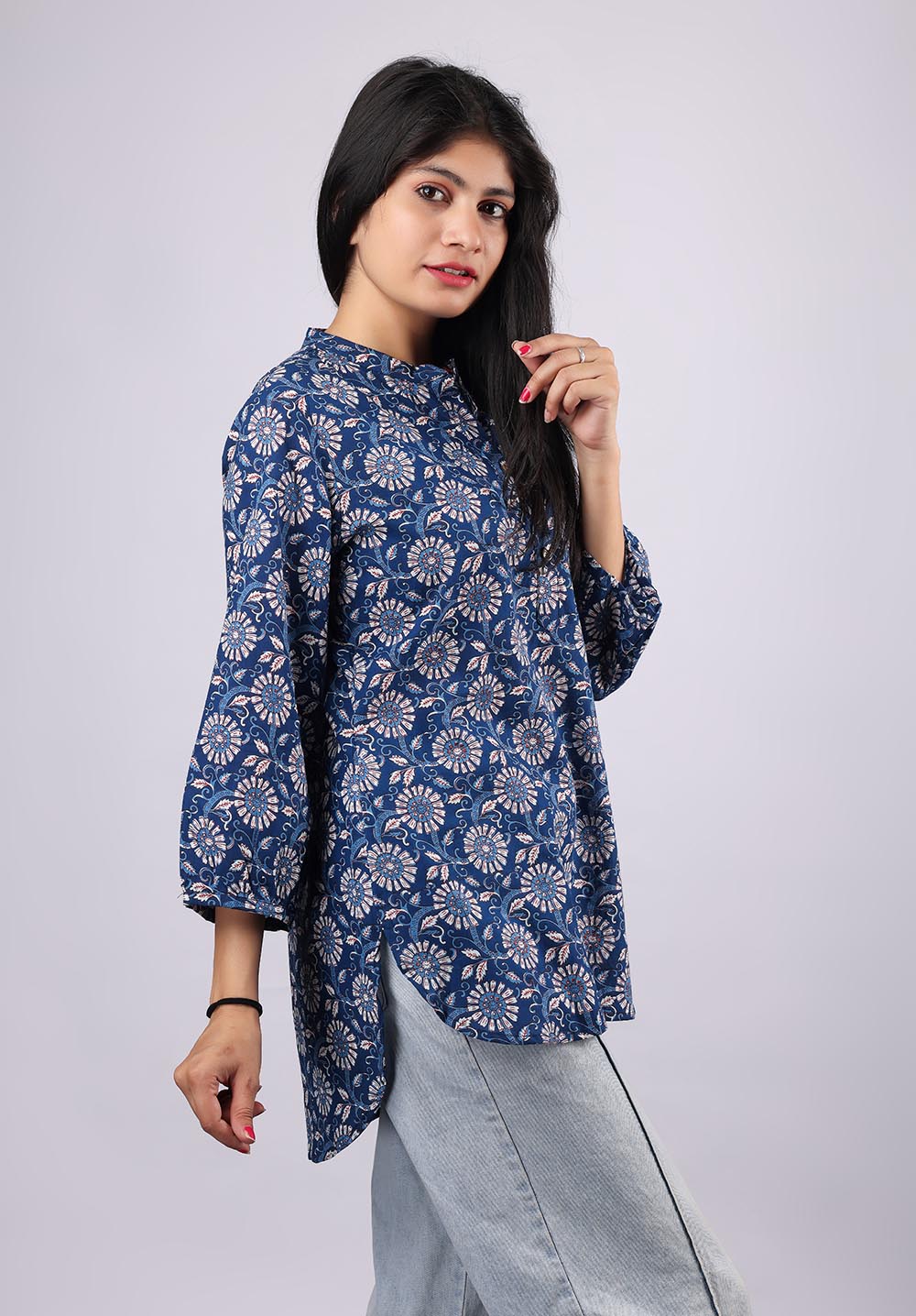 White-Blue Printed Pure Cotton Kurti