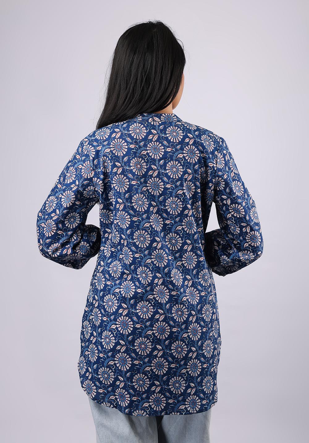 White-Blue Printed Pure Cotton Kurti