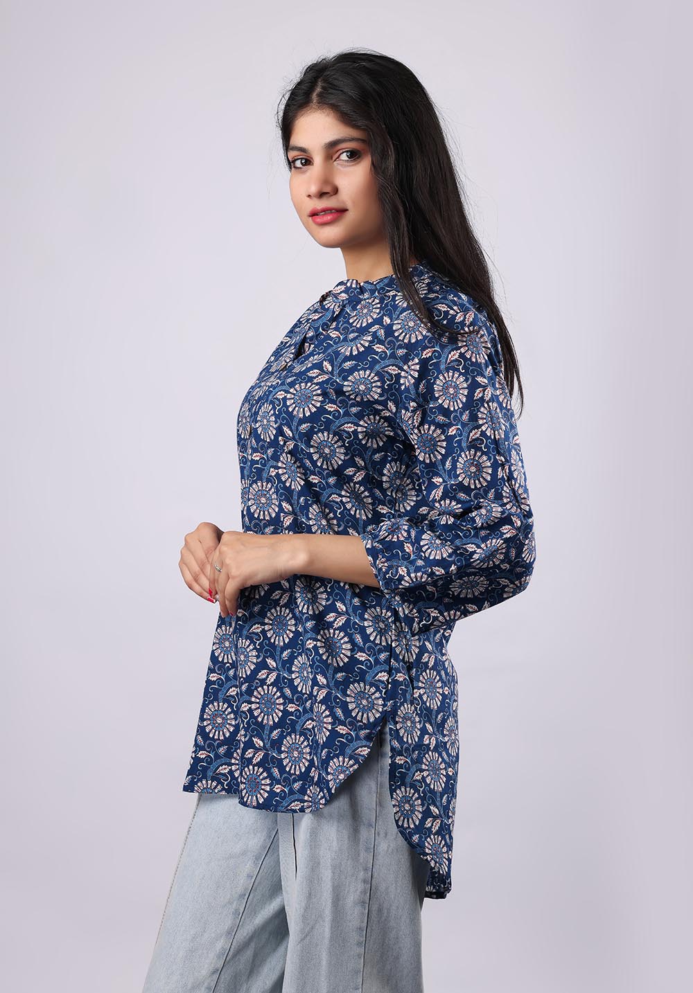 White-Blue Printed Pure Cotton Kurti