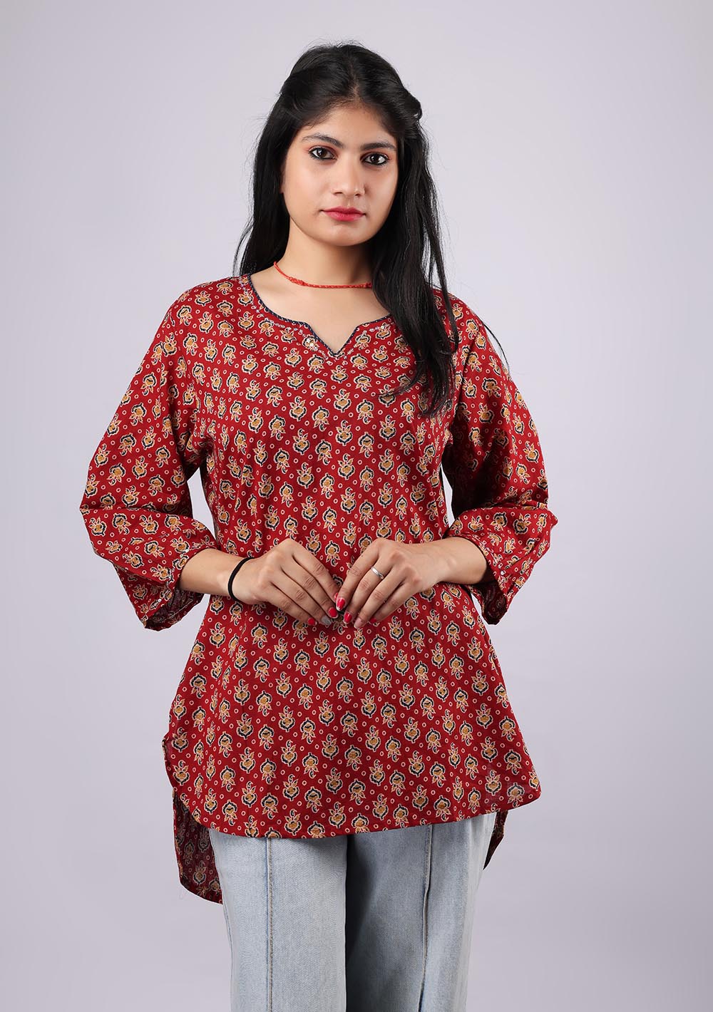 Dark Red Printed Pure Cotton Kurti