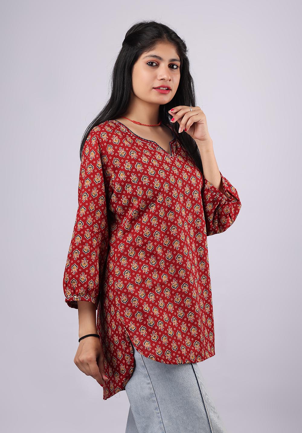 Dark Red Printed Pure Cotton Kurti