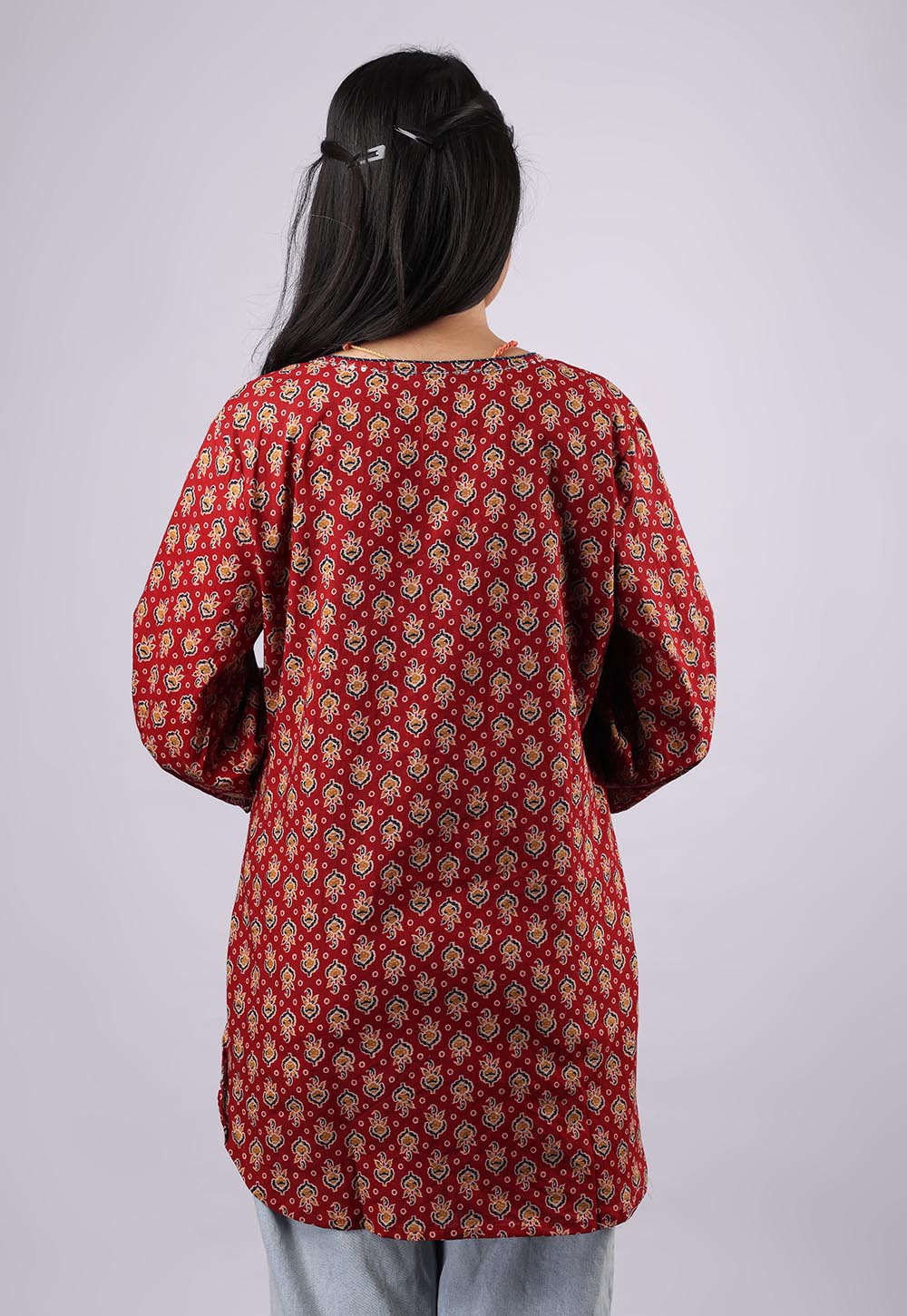 Dark Red Printed Pure Cotton Kurti