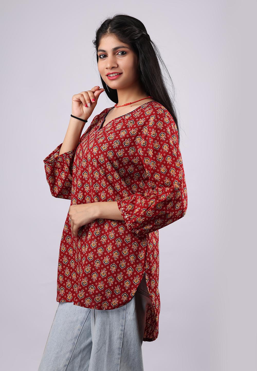 Dark Red Printed Pure Cotton Kurti