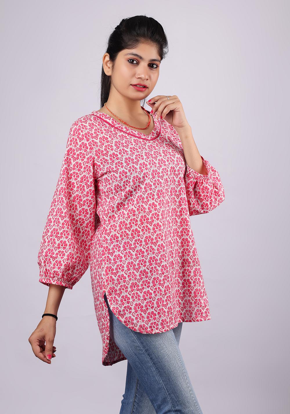 Pink Printed Pure Cotton Kurti