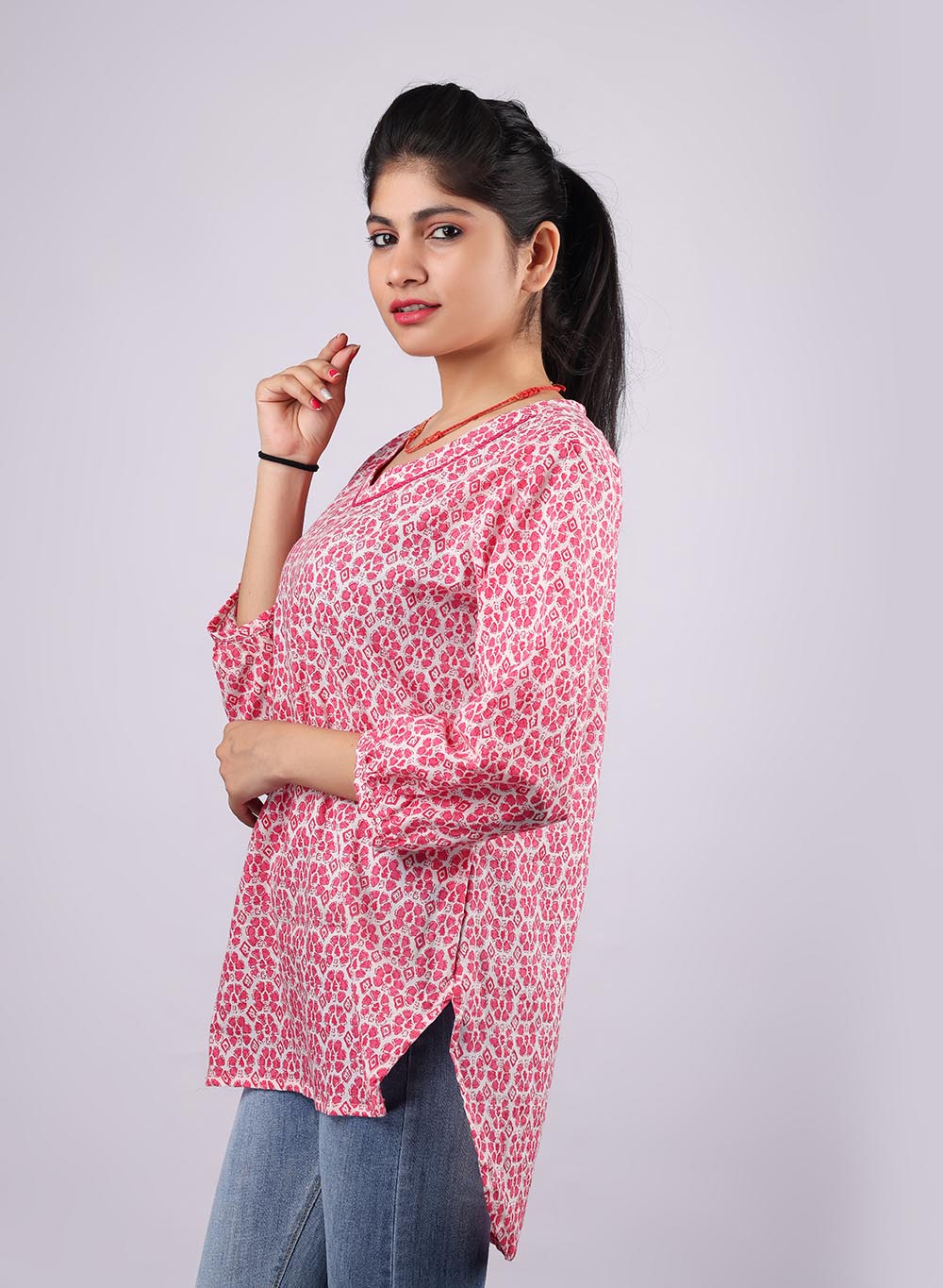 Pink Printed Pure Cotton Kurti