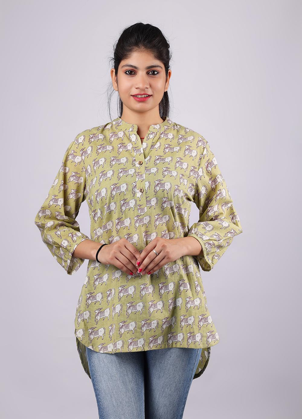 Yellow-White Printed Pure Cotton Kurti