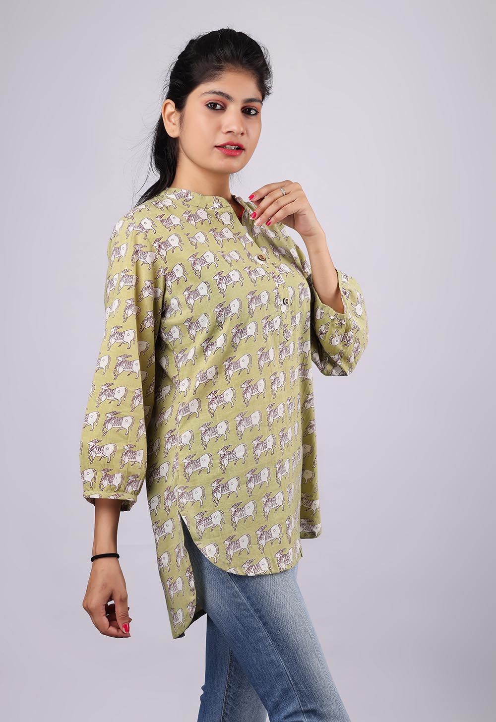 Yellow-White Printed Pure Cotton Kurti