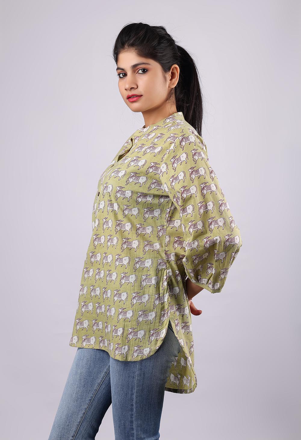 Yellow-White Printed Pure Cotton Kurti