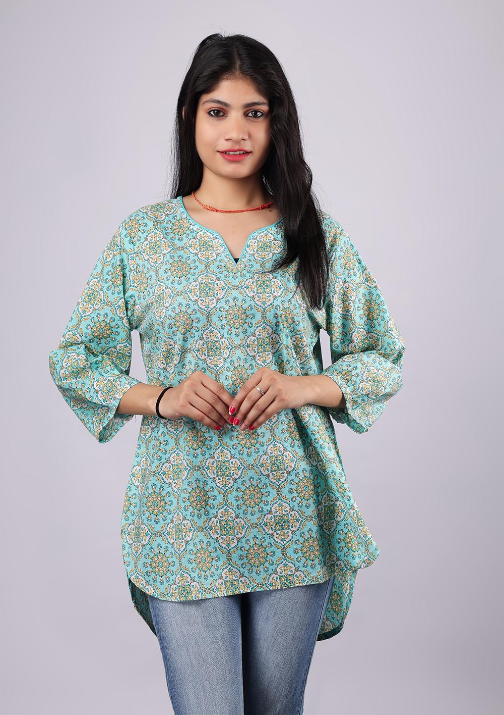 Green Printed Flared Sleeves Pure Cotton Kurti